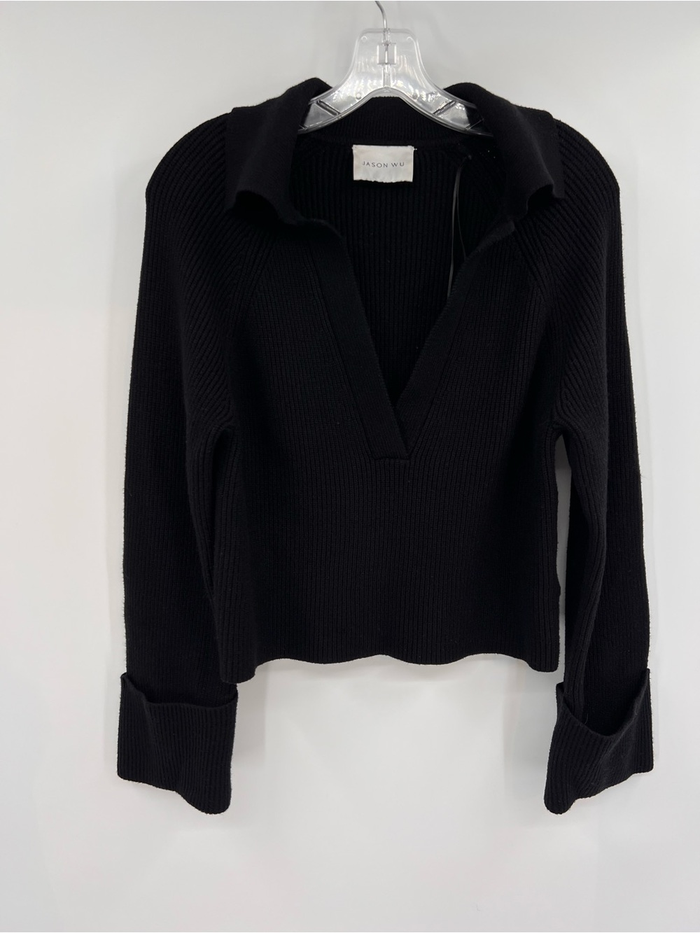 Jason Wu Black Ribbed V-Neck Collared cropped Sweater S